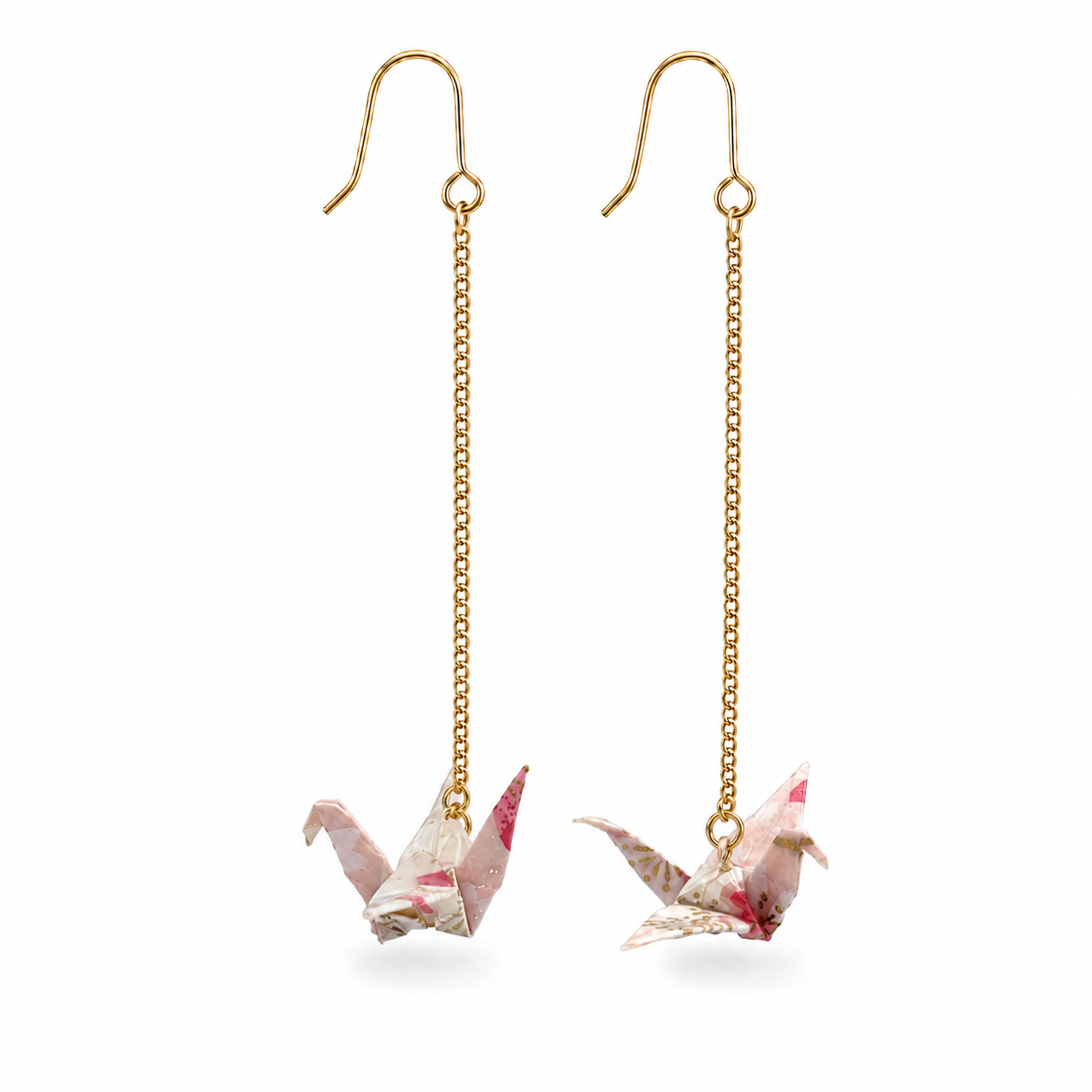 Light Pink Oragami Crane Long Dangle Earrings