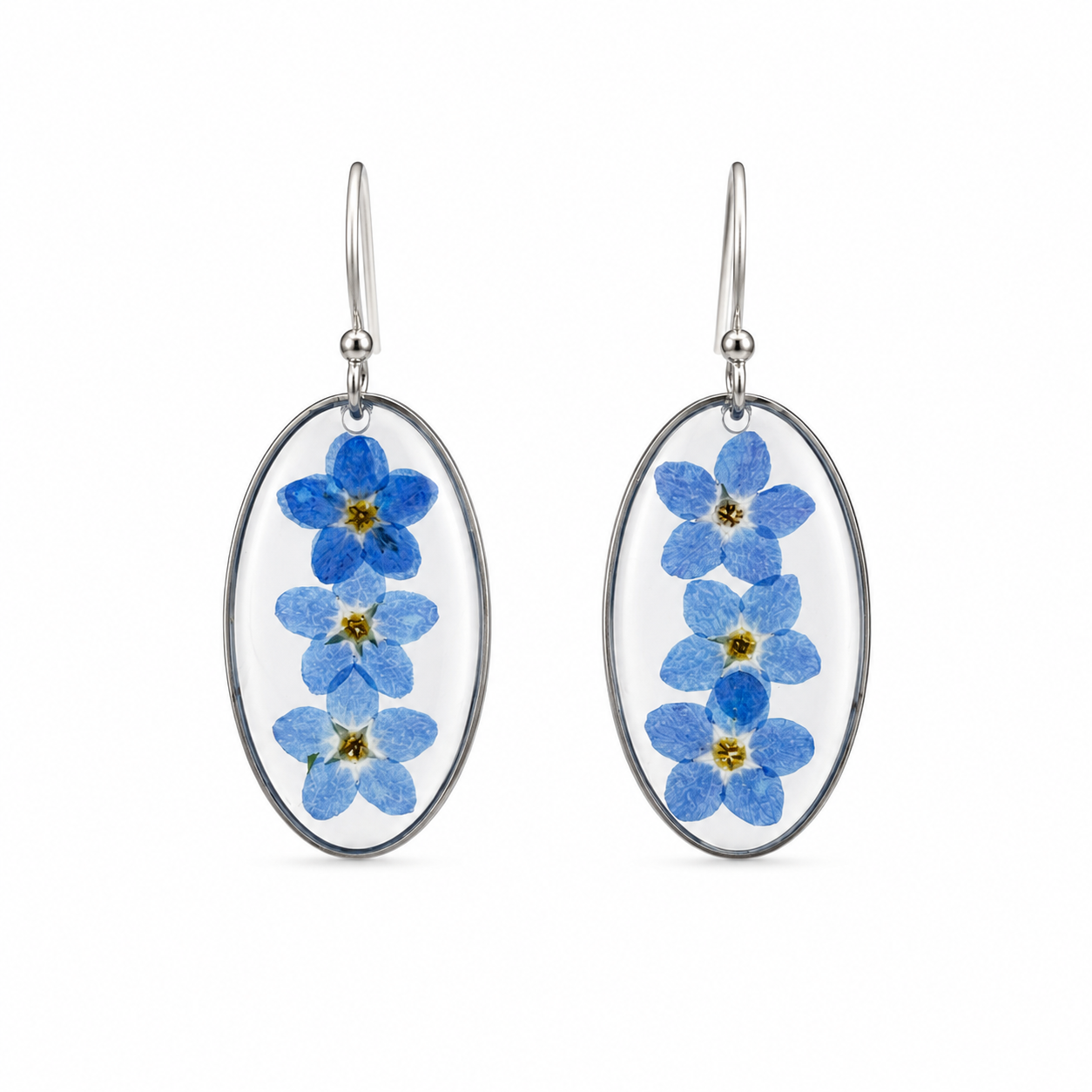 Forget-me-not oval resin earrings in silver