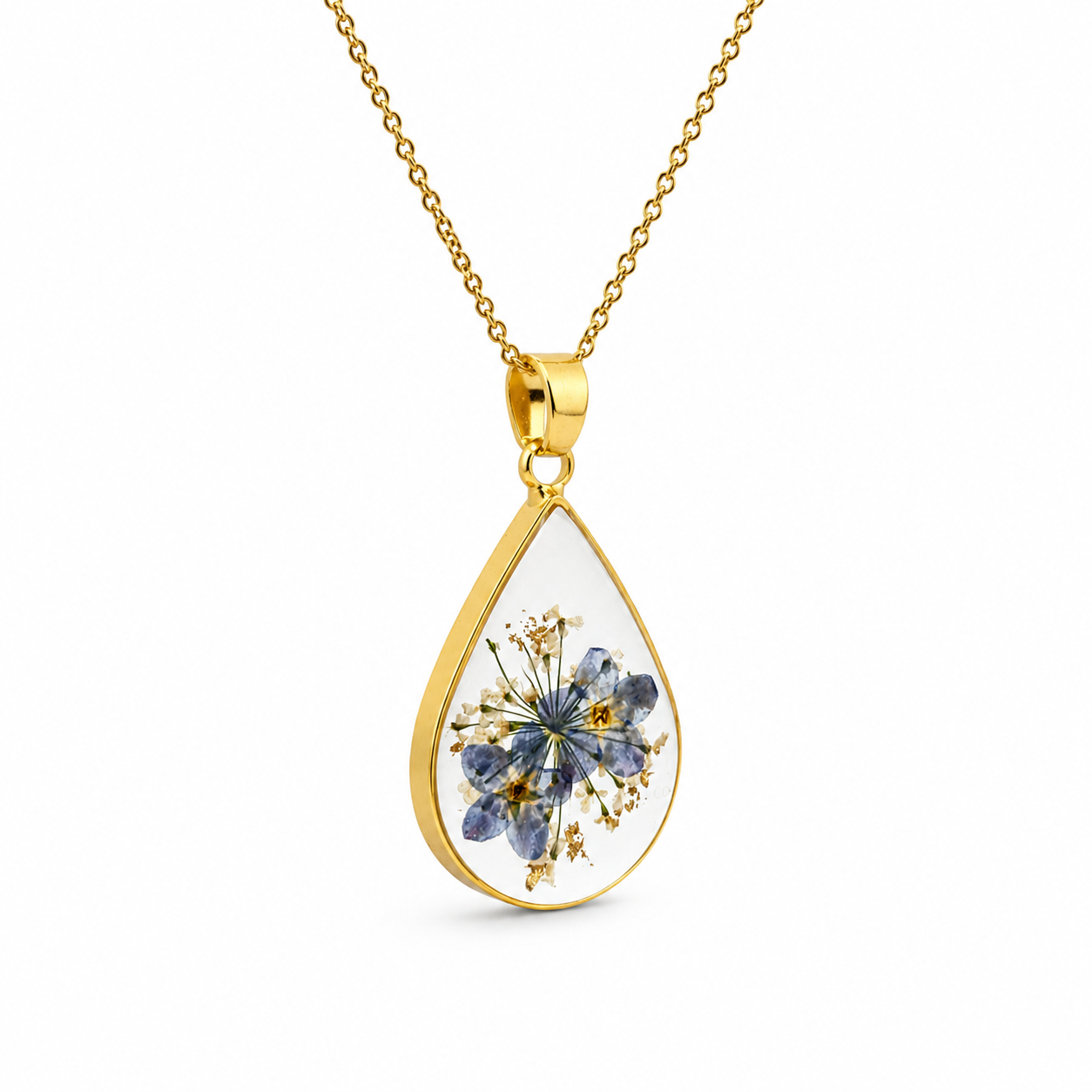 Forget-me-not teardrop necklace in 18k gold