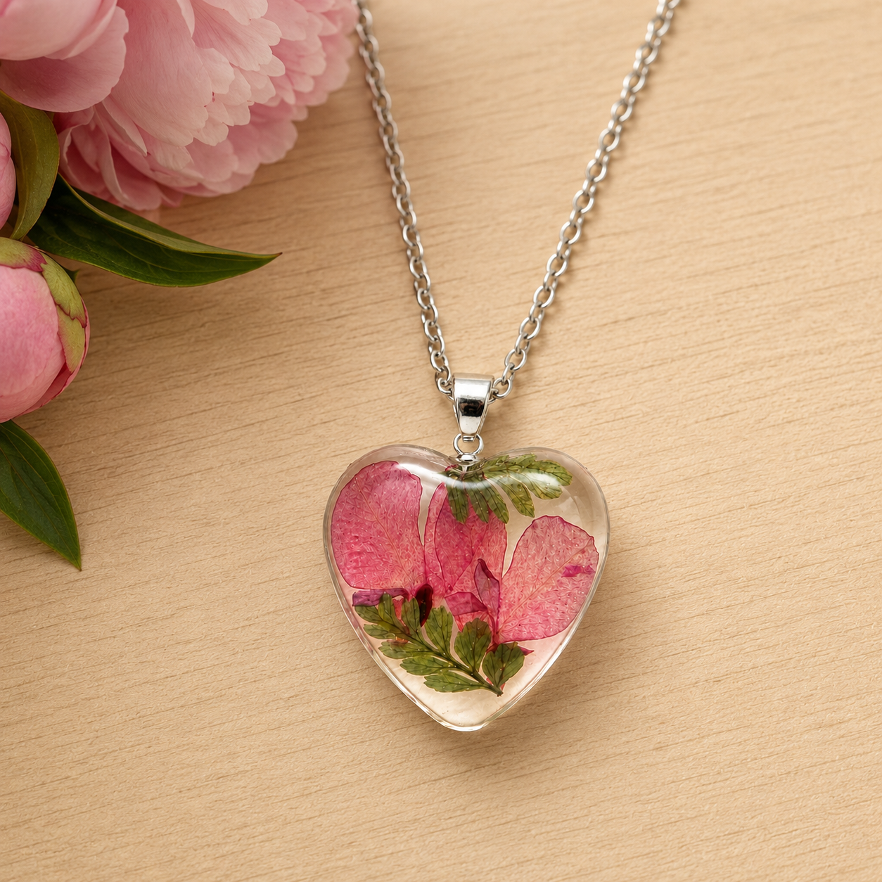 April Peony Heart Shaped Necklace