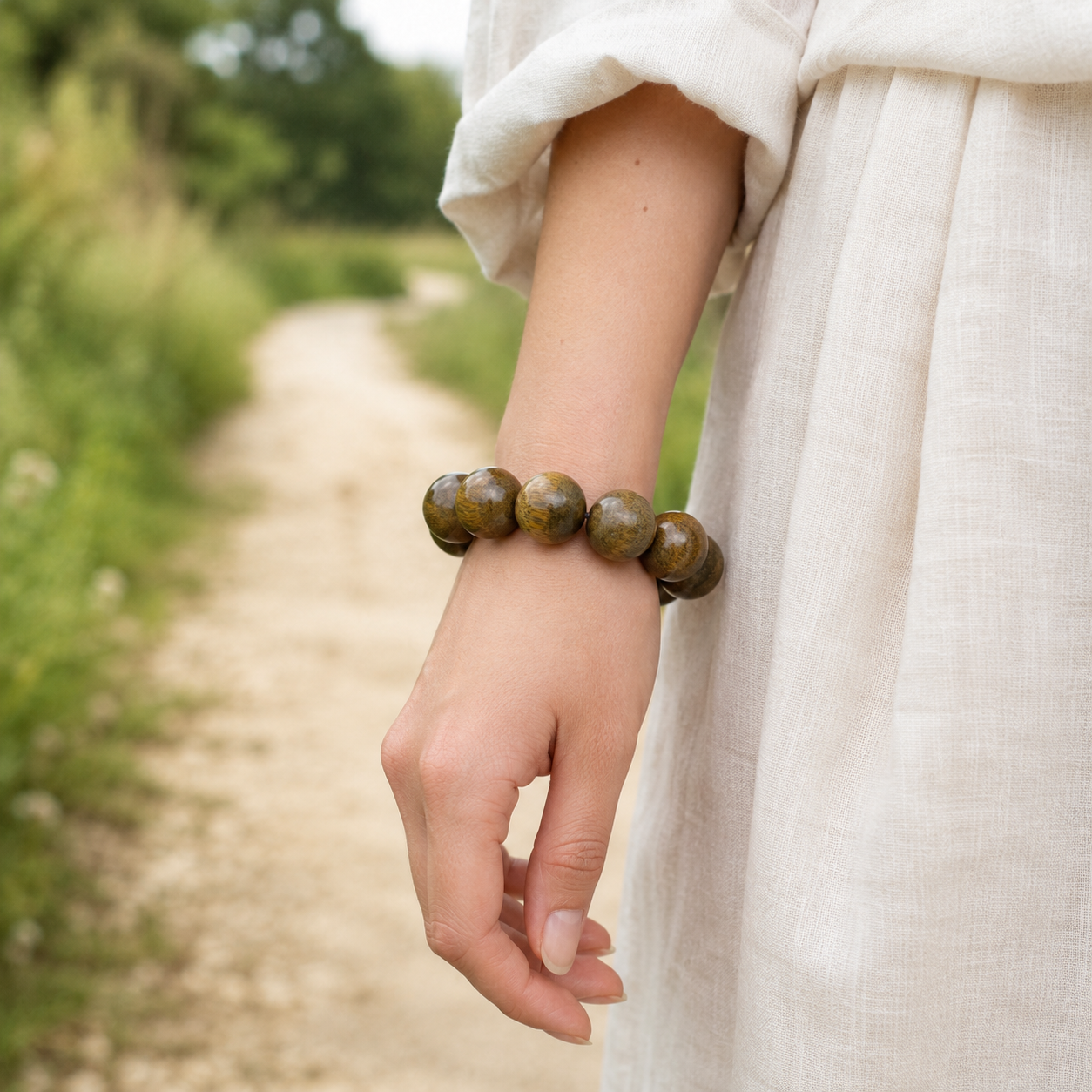 Natural sandalwood bead bracelet worn on the wrist outdoors