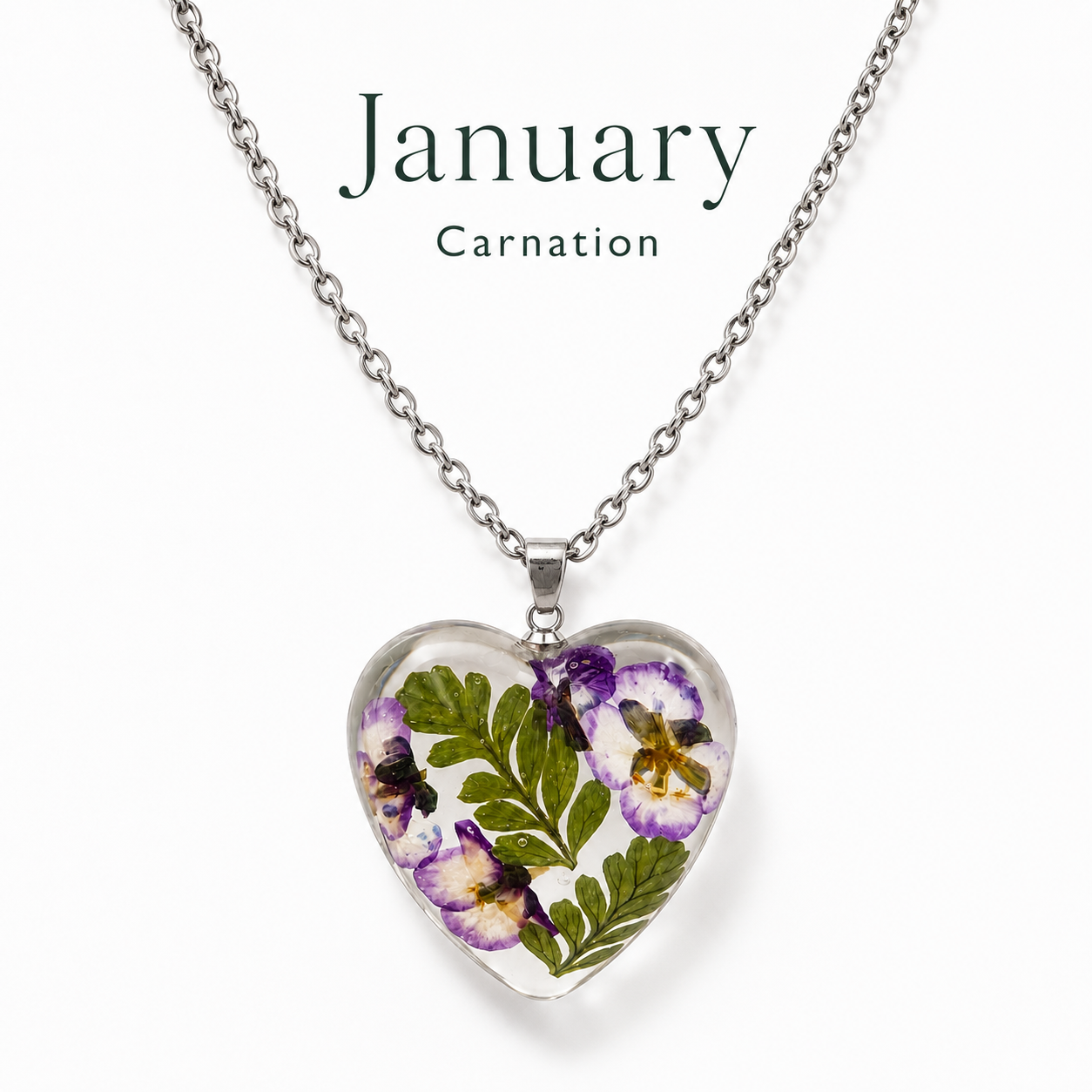 January Carnation Heart Shaped Necklace