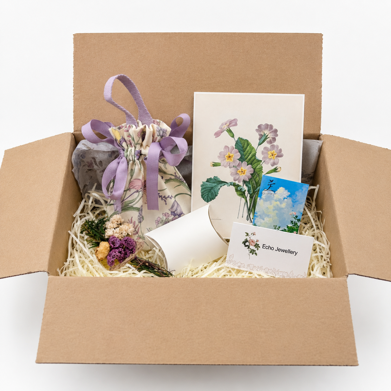Echo Jewellery premium gift wrapping with floral bag, dried flowers and greeting card