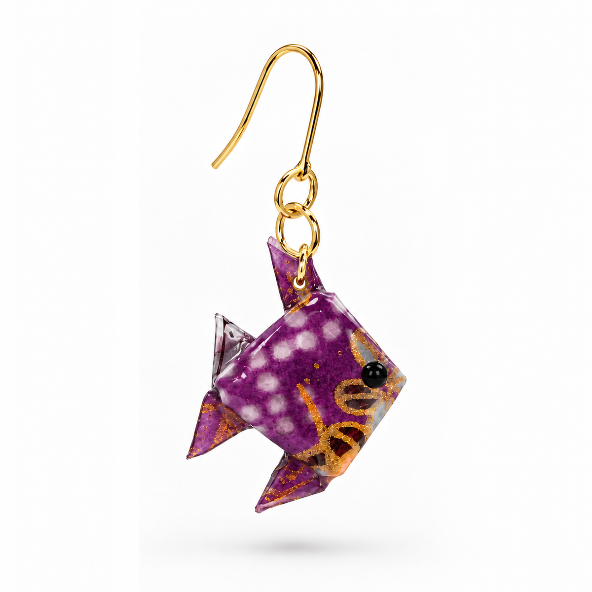 Purple origami fish earrings with 18K gold-plated brass fixings, detail view #Fixings_18K Gold-Plated Brass