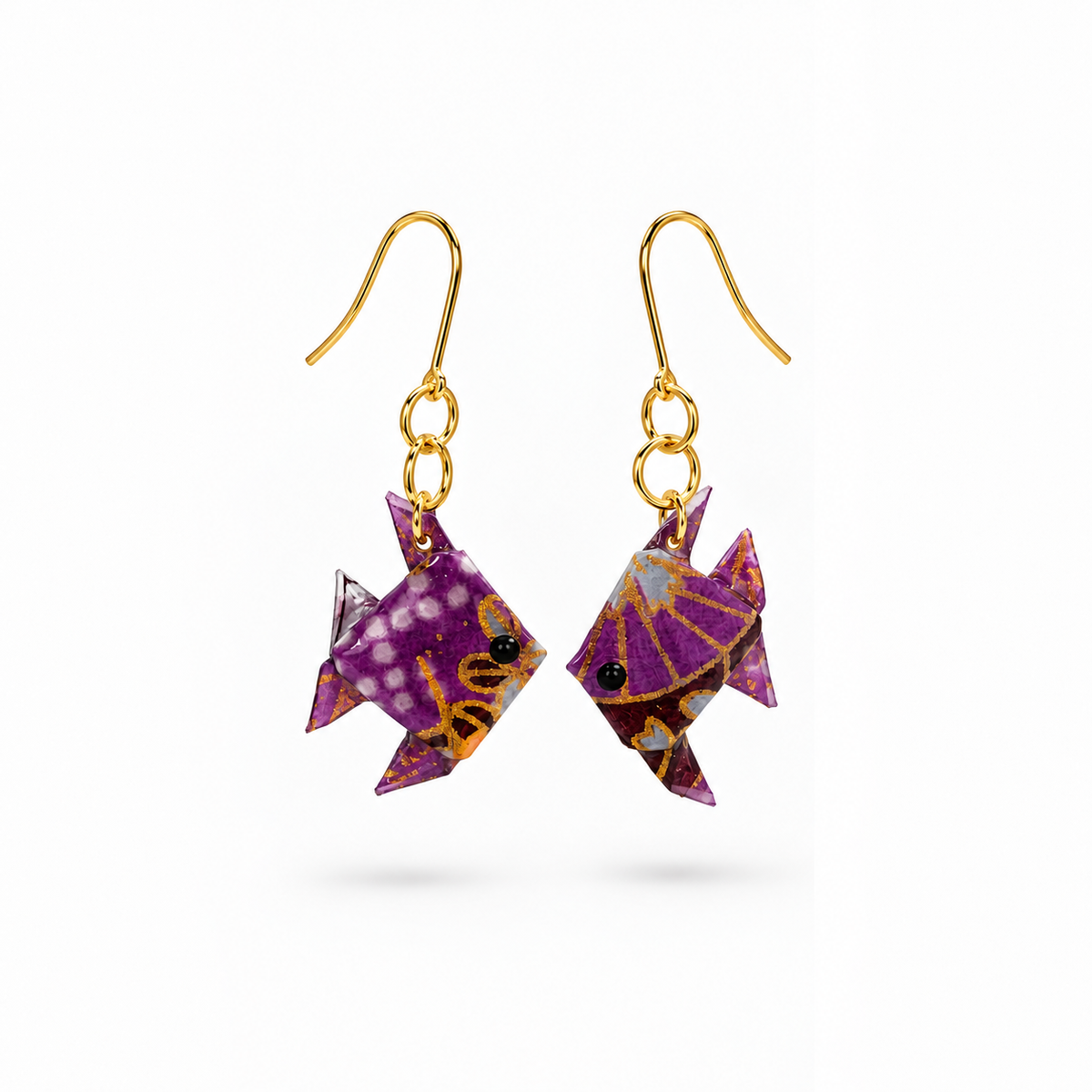 Purple origami fish earrings with 18K gold-plated brass fixings, pair view #Fixings_18K Gold-Plated Brass