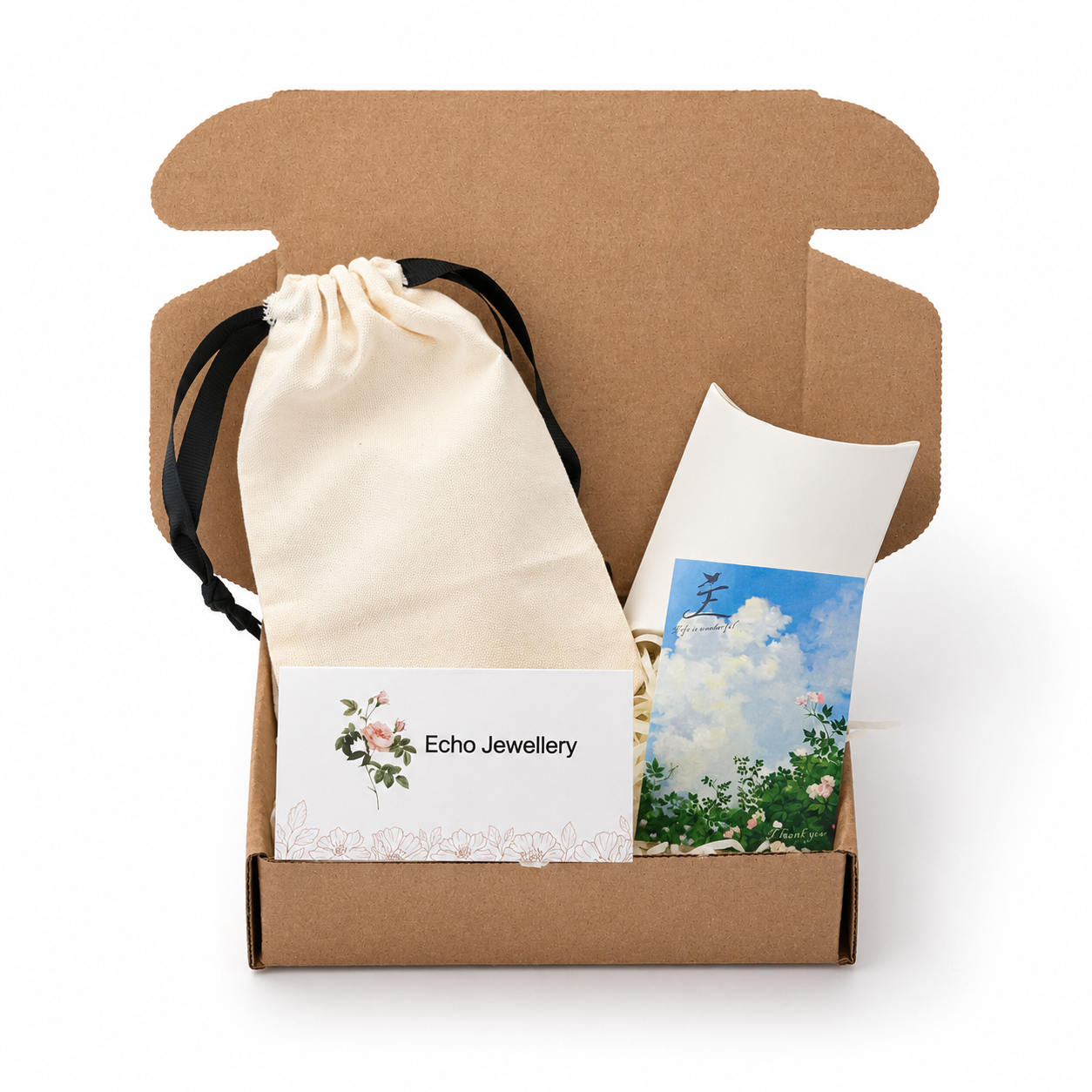 Echo Jewellery standard gift presentation with cotton pouch and care card