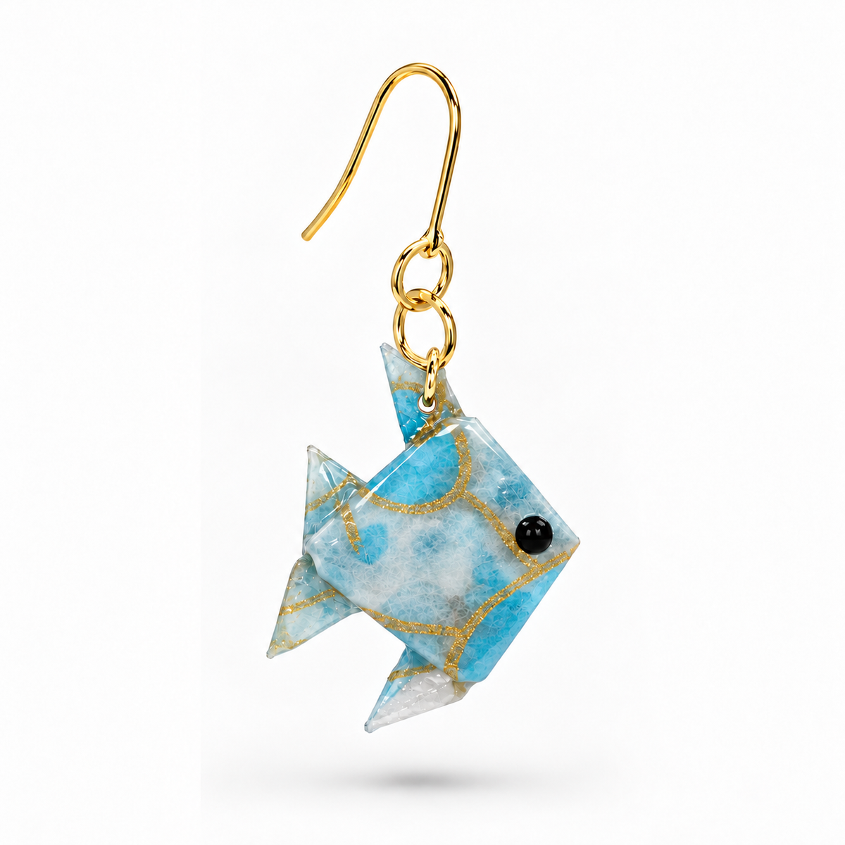 Blue origami fish earrings, detail view #Fixings_18K Gold-Plated Brass