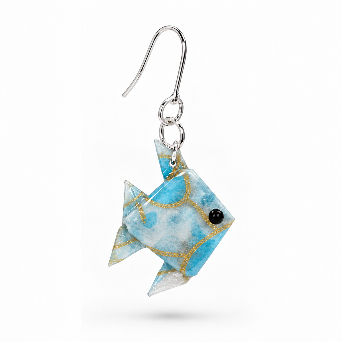 Blue origami fish earrings, detail view #Fixings_925 Sterling Silver
