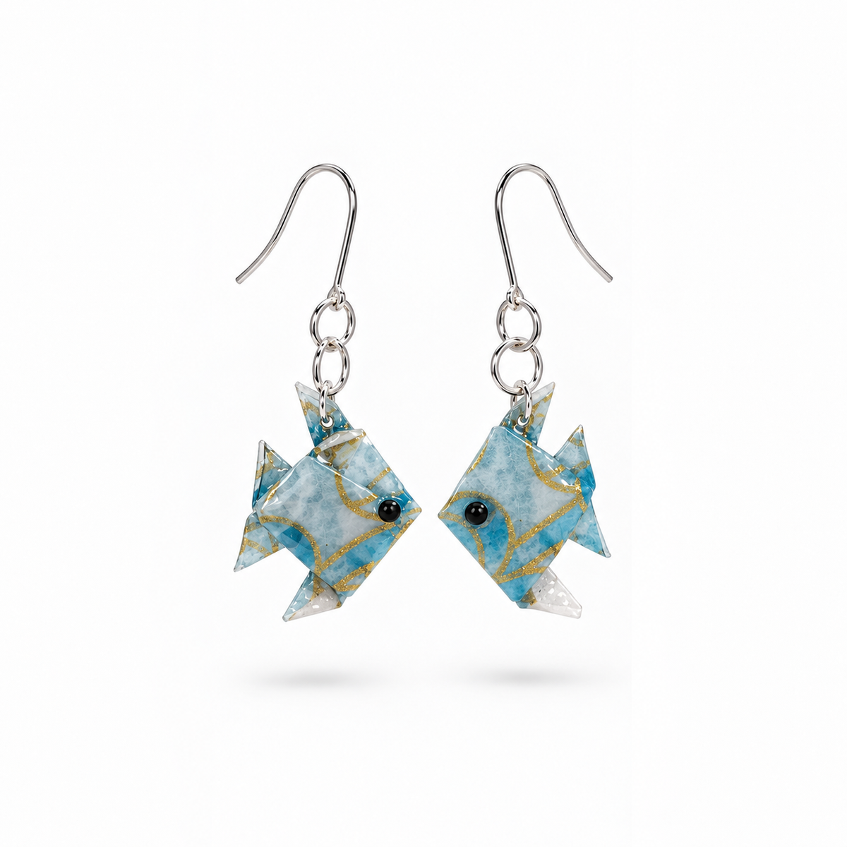 Blue origami fish earrings, pair view #Fixings_925 Sterling Silver