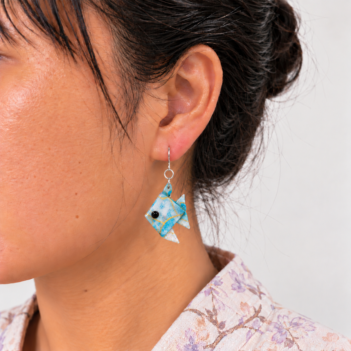 Blue origami fish earrings, side view #Fixings_925 Sterling Silver