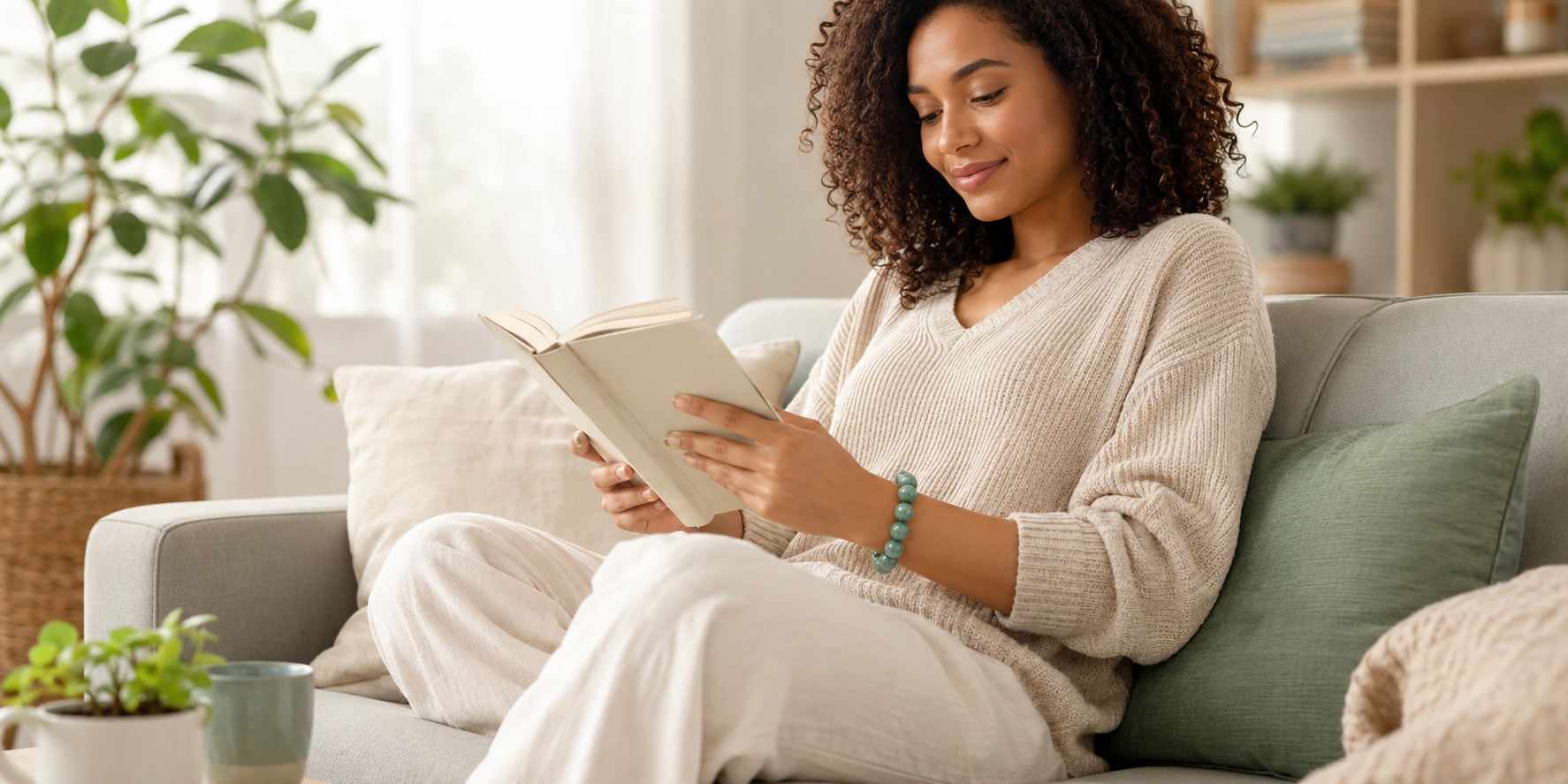 Woman wearing the natural jade bead bracelet with relaxed neutral clothing