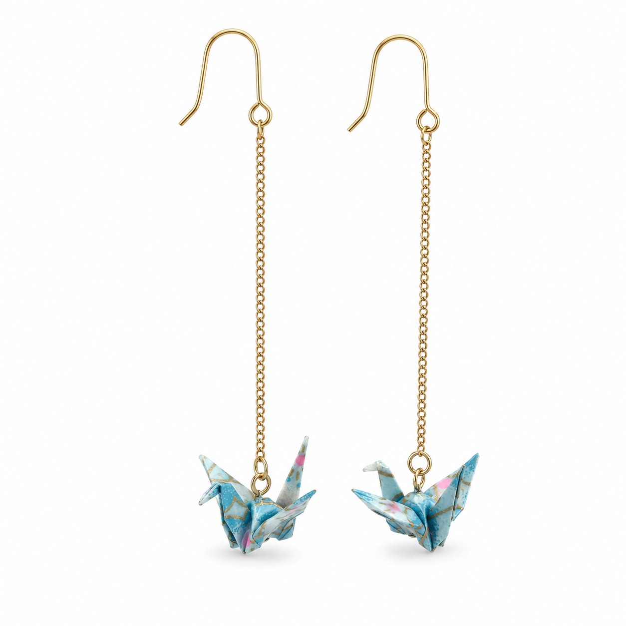 Blue Oragami Crane Long Dangle Earrings