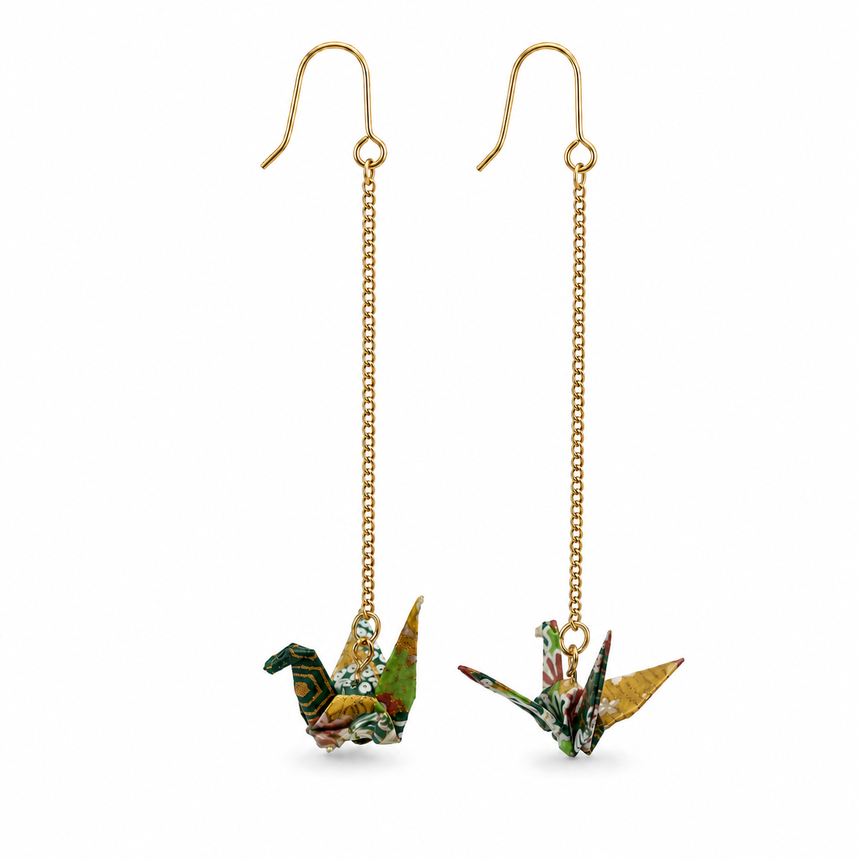 Green Oragami Crane Long Dangle Earrings