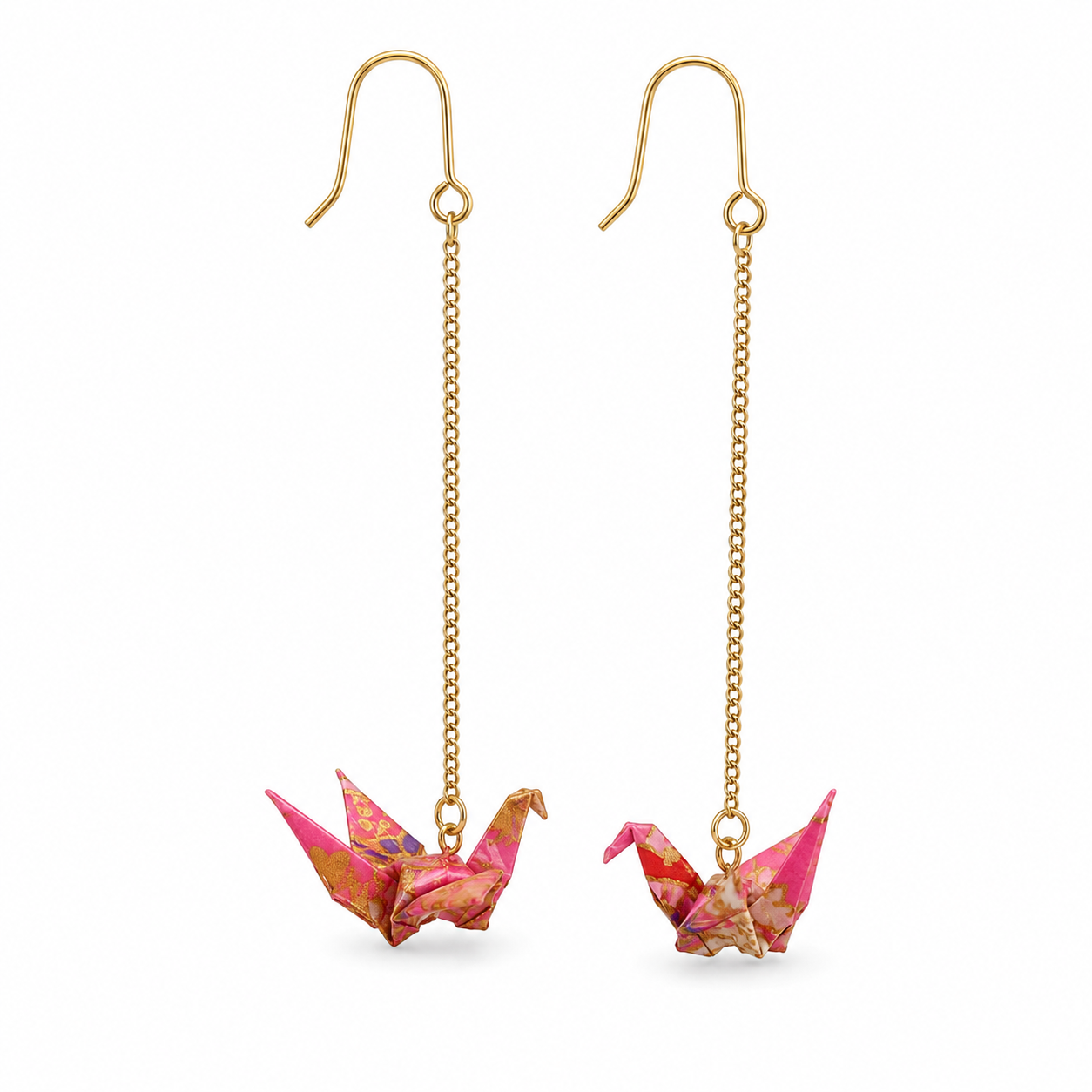 Pink Oragami Crane Long Dangle Earrings