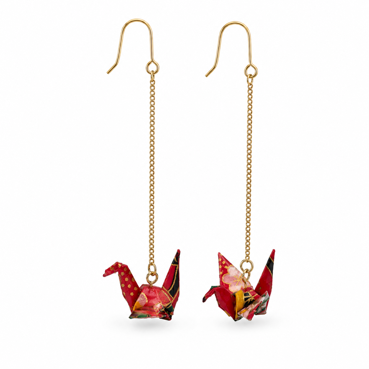 Red Oragami Crane Long Dangle Earrings