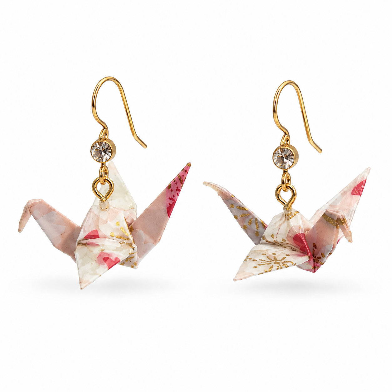 Light Pink Crystal Drop Origami Crane Earrings