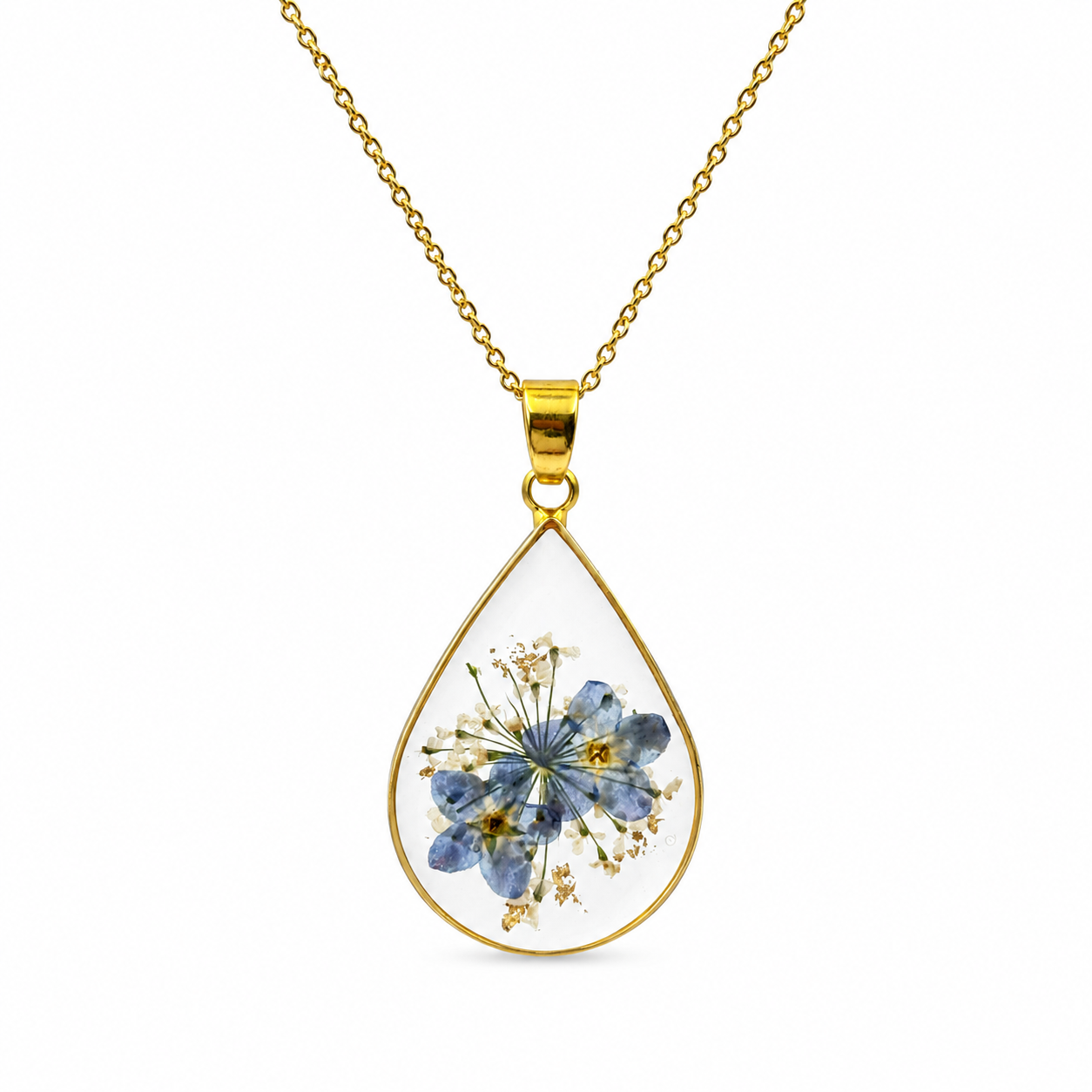 Forget-me-not teardrop necklace in 18k gold