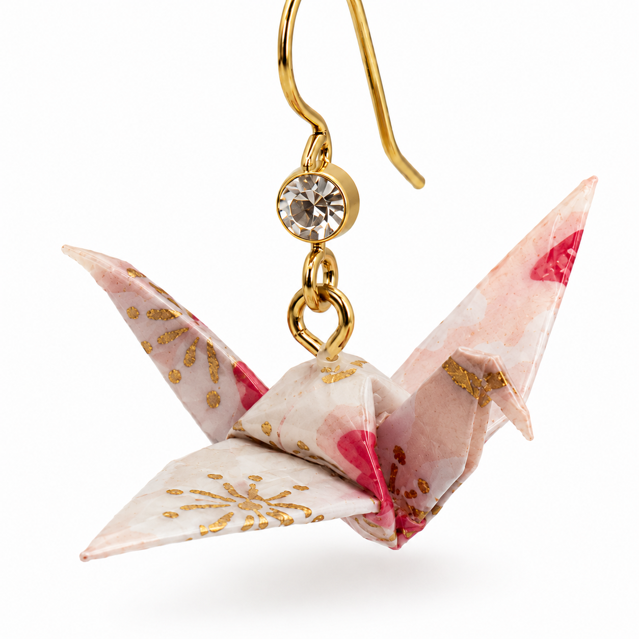 Light Pink Crystal Drop Origami Crane Earrings