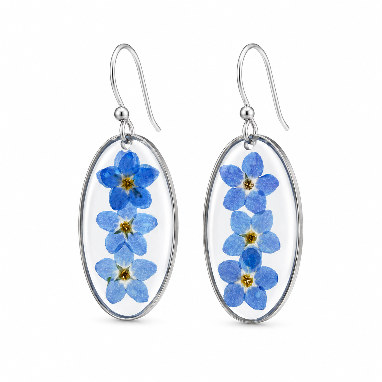Forget-me-not oval resin earrings in silver