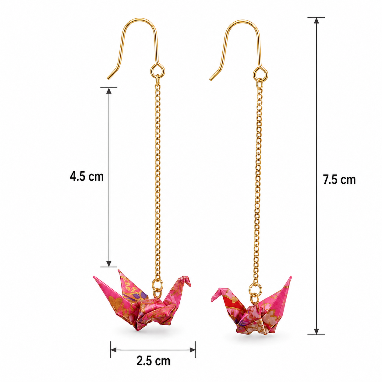 Pink Oragami Crane Long Dangle Earrings