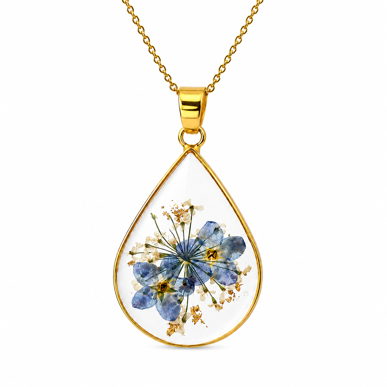 Forget-me-not teardrop necklace in 18k gold
