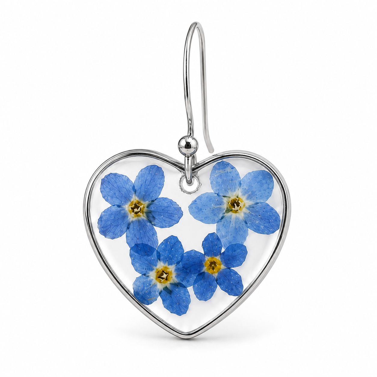 Forget-me-not heart resin earrings in silver