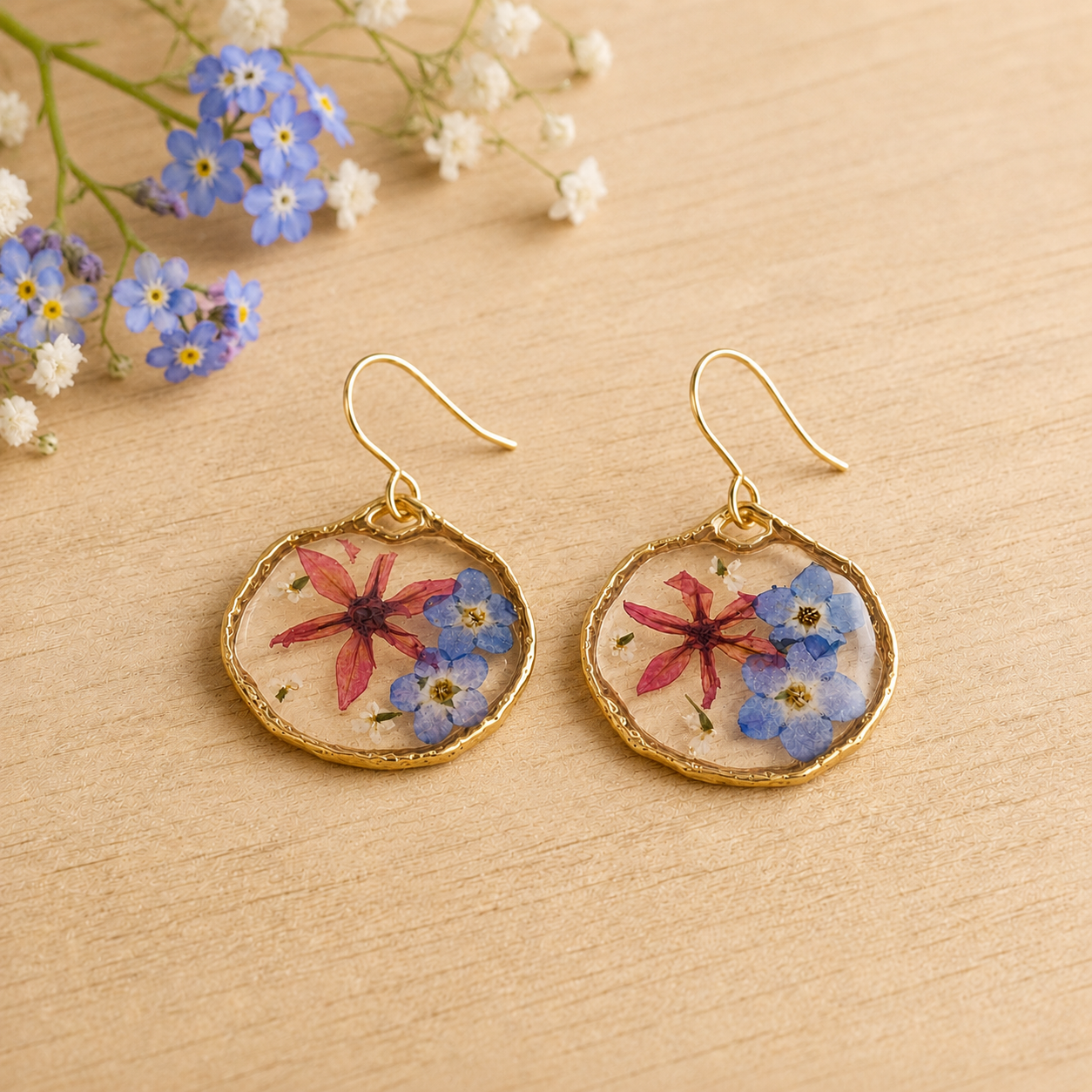 Forget-me-not mixed flower earrings in 18K gold