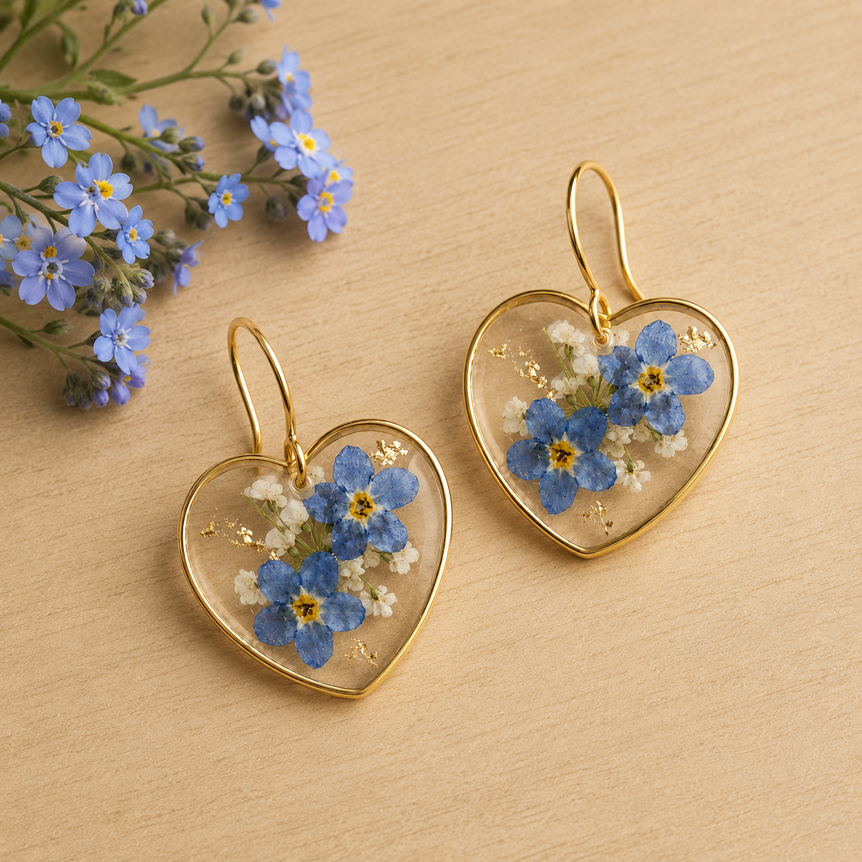 Forget-me-not heart earrings in 18K gold
