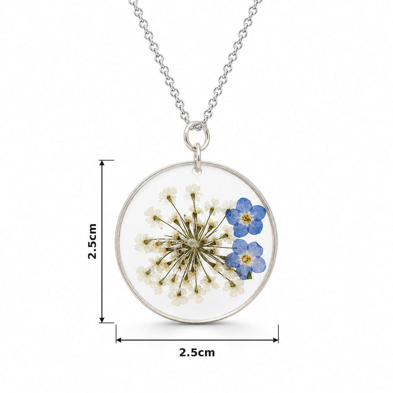 Forget-me-not circle resin necklace in silver