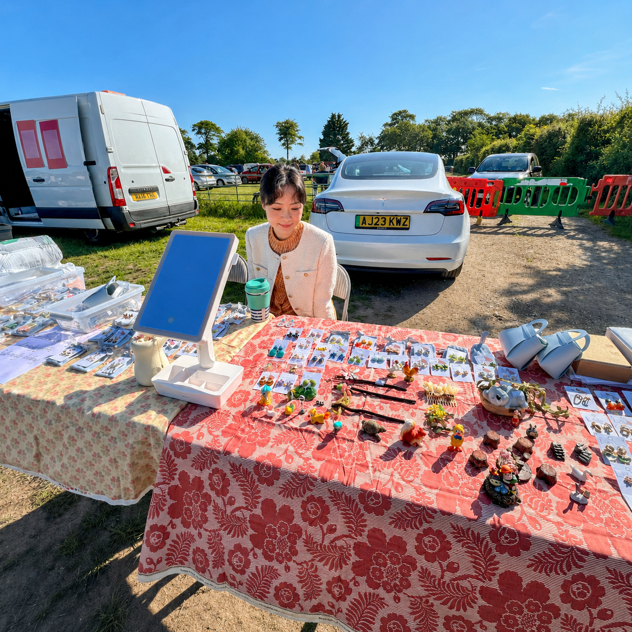 Yi Zou presenting the first Echo Jewellery collection at a market in Lymington
