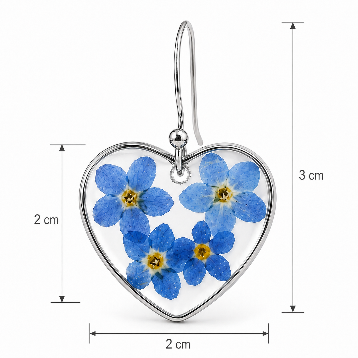 Forget-me-not heart resin earrings in silver