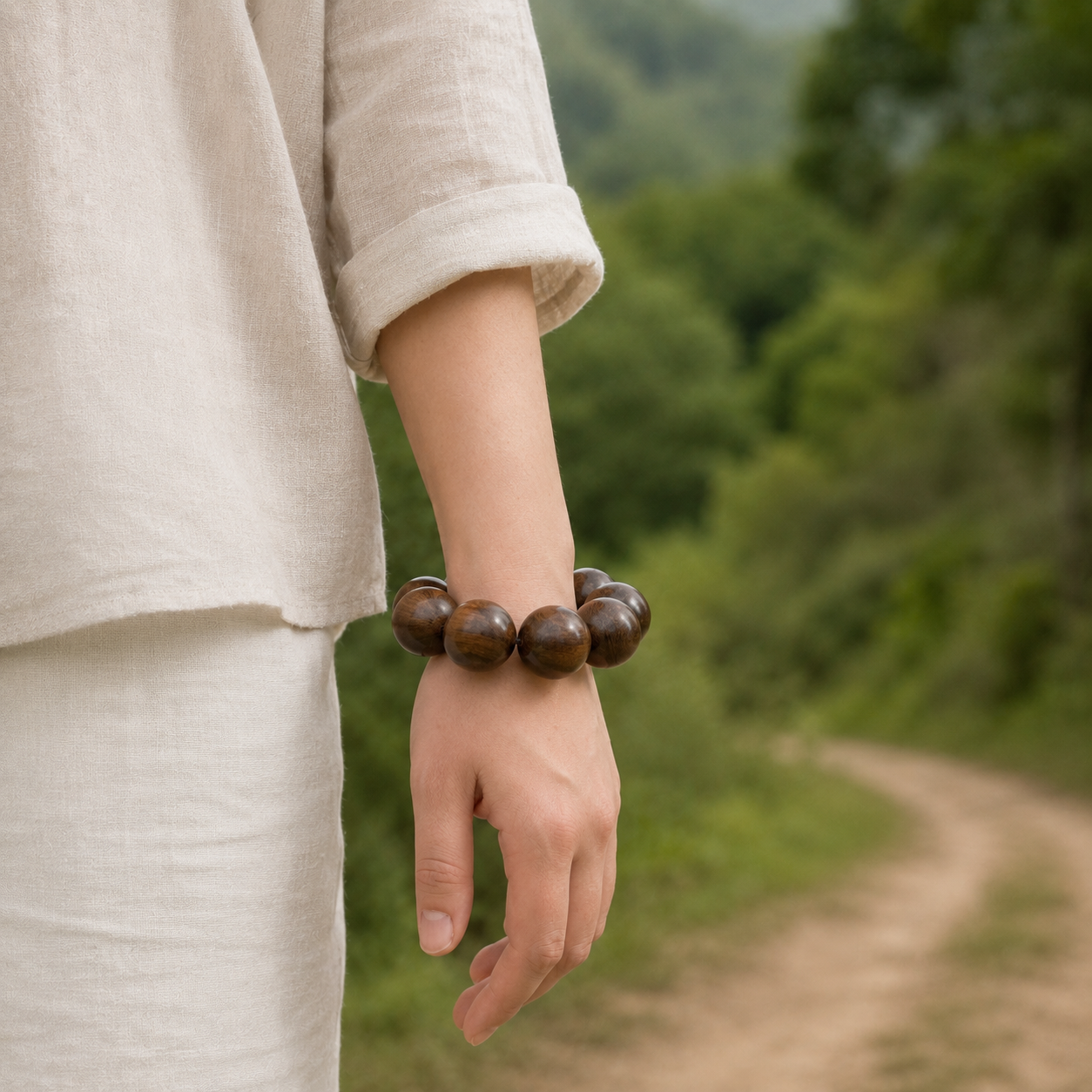 Large rosewood bead bracelet worn on the wrist outdoors