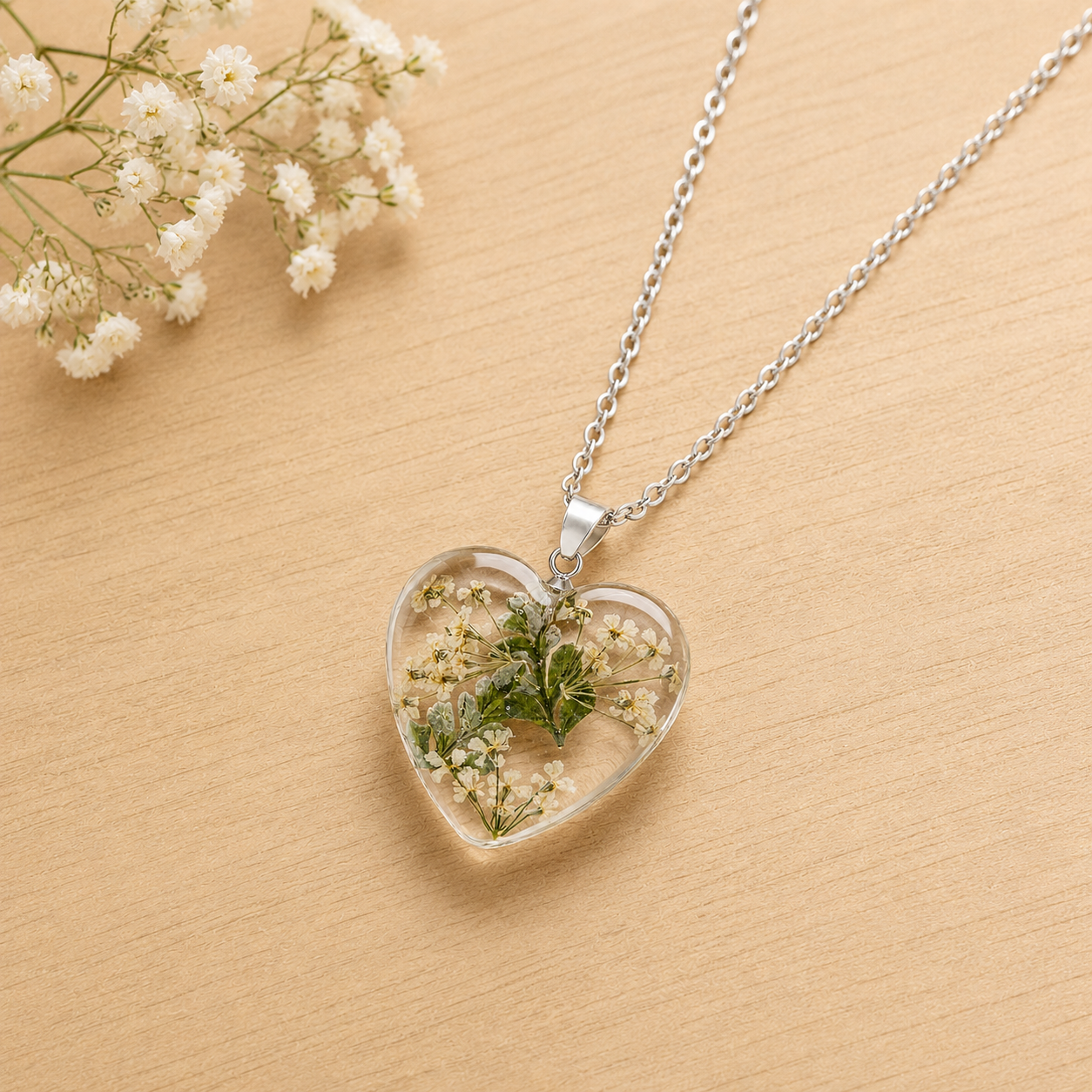 July Babybreath Heart Shaped Necklace