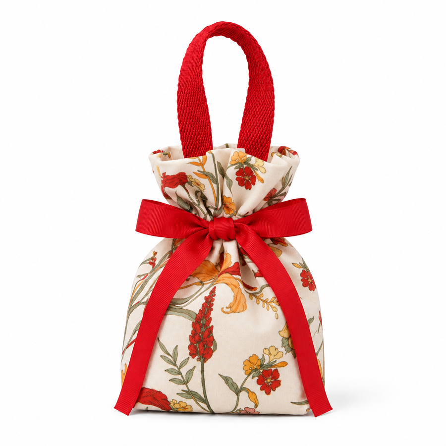 Red floral cotton canvas premium jewellery gift bag