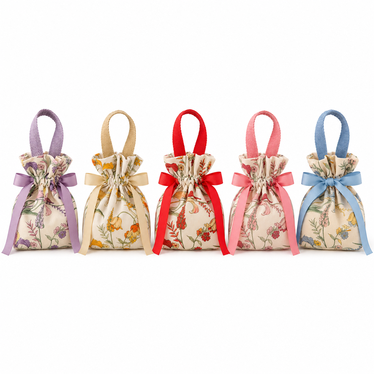Five floral cotton canvas jewellery gift bags in purple, yellow, red, pink and blue