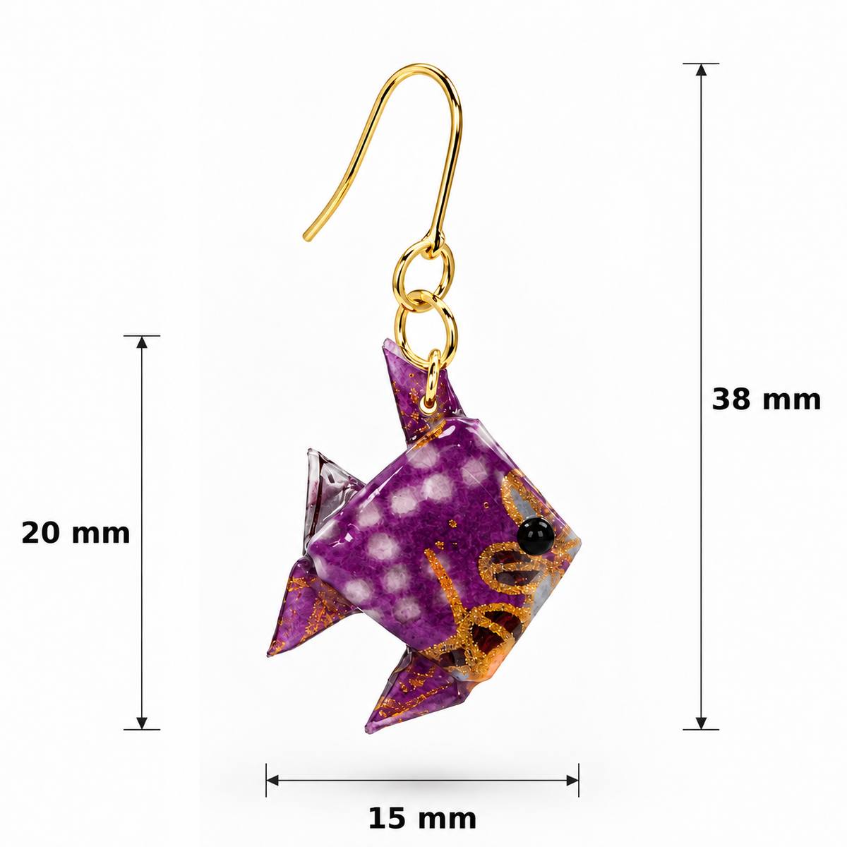 Purple origami fish earrings with 18K gold-plated brass fixings, dimensions view #Fixings_18K Gold-Plated Brass