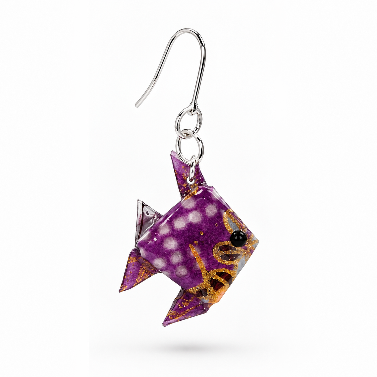 Purple origami fish earrings, detail view #Fixings_925 Sterling Silver