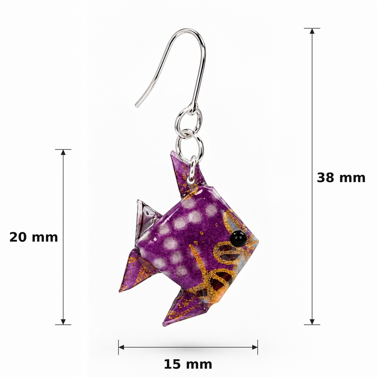 Purple origami fish earrings, dimensions view #Fixings_925 Sterling Silver