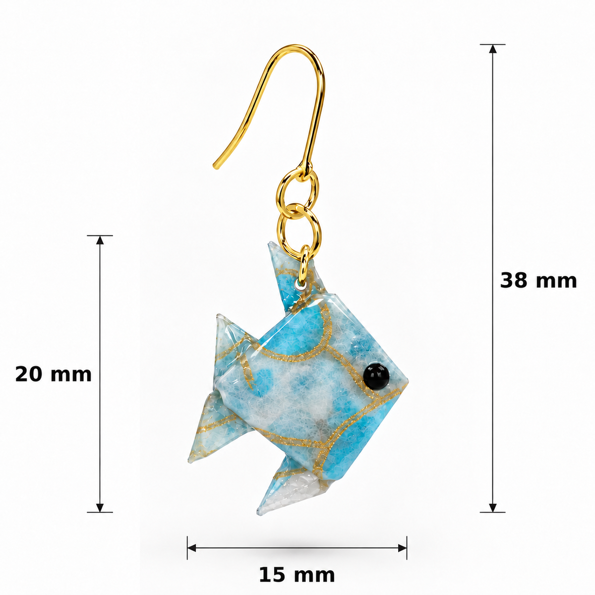 Blue origami fish earrings, dimensions view #Fixings_18K Gold-Plated Brass