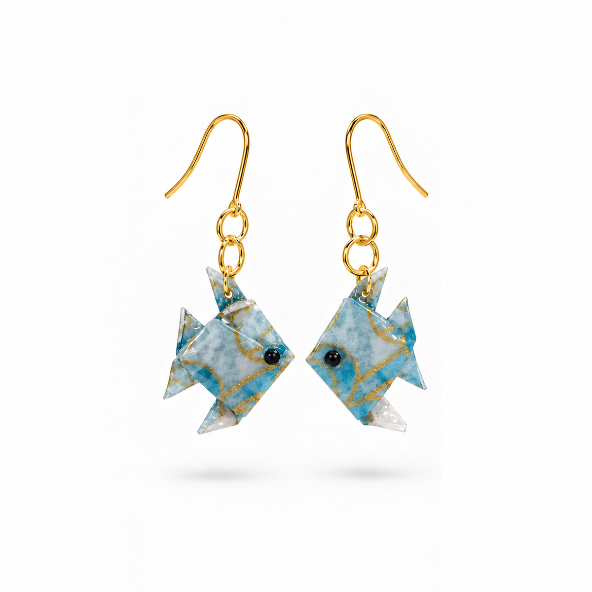 Blue origami fish earrings, pair view #Fixings_18K Gold-Plated Brass