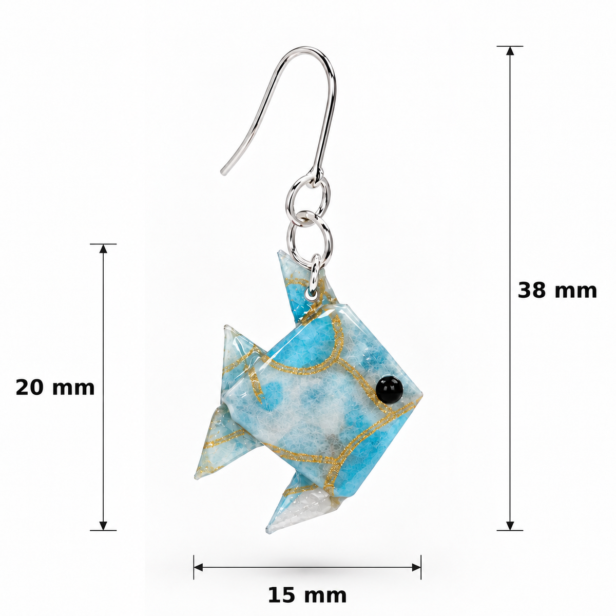 Blue origami fish earrings, dimensions view #Fixings_925 Sterling Silver